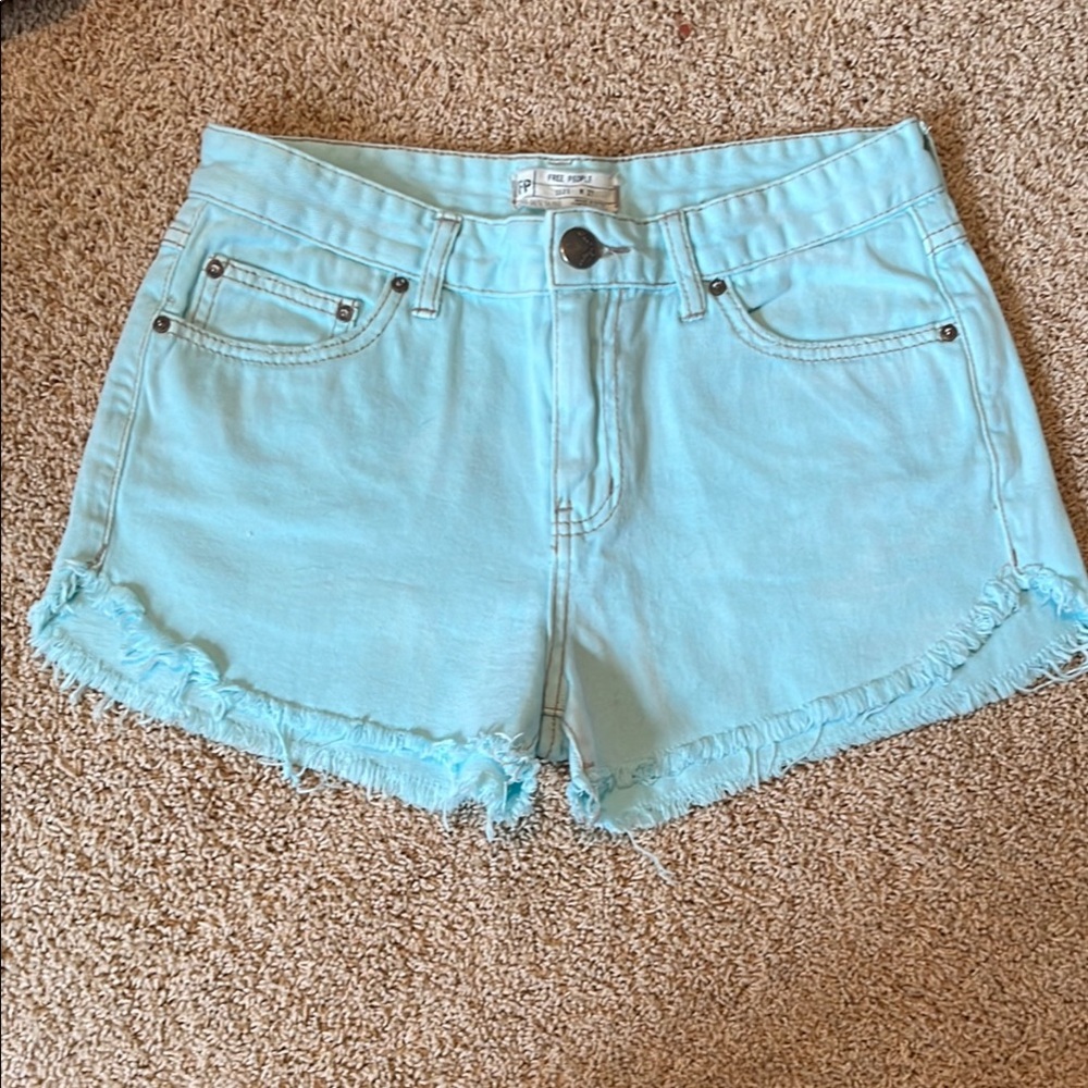 Free People Turquoise Blue Jean Shorts with Frayed Hem